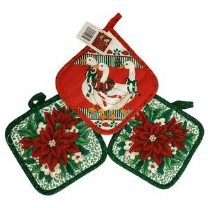 New VTG Christmas Goose Poinsettia Pot Holder Trivet Wreath Holly Berry Holiday